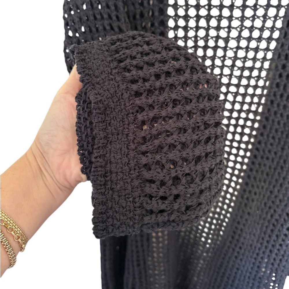 BCBG Maxazria | Black Long Open Front Crochet Festival Cardigan Fringe Hem Large - Picture 4 of 6